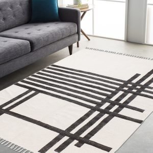 Handmade Block Printed Geometric Black Rug