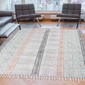 Hand Block Printed Geometric Grey Cotton Rug