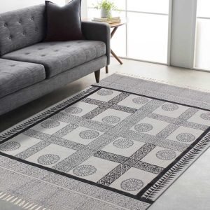 Hand Block Printed Grey Black Cotton Dhurrie