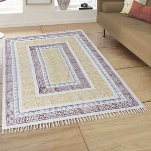 Yellow Brown Hand Block Printed Modern Rug