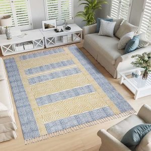 Hand Block Printed Yellow Blue Cotton Rug