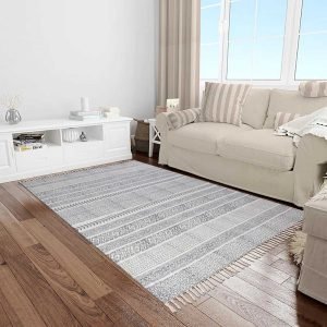 Hand Block Printed Striped Grey Cotton Rug