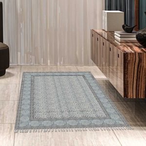 Green Hand Block Geometric Printed Kilim Rug