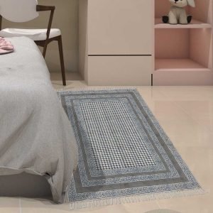 Hand Block Printed Grey Beige Cotton Rug