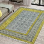 Yellow Hand Block Print Geometric Cotton Rug