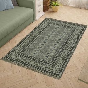 Black Hand Block Geometric Printed Cotton Rug
