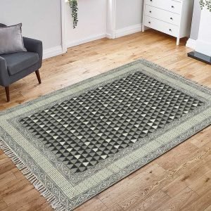 Hand Block Black Grey Printed Cotton Dhurrie
