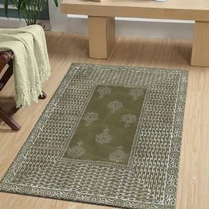 Brown White Cotton Hand Block Print Rug