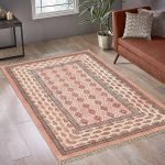 Hand Printed Geometric Cotton Beige Black Rug