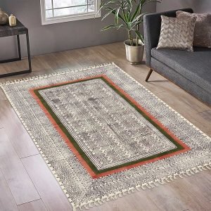 Cotton Green Brown Hand Block Printed Rug