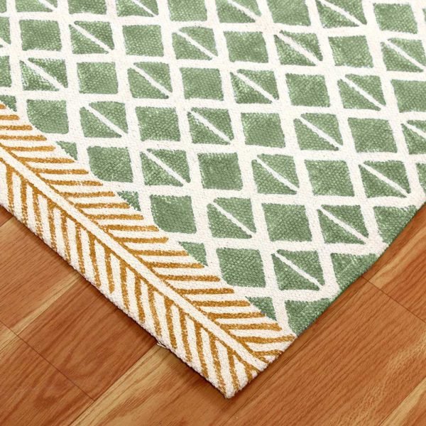 Green Beige Cotton Area Rug Washable Hand Block Printed Stair Ru