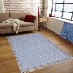 Bordered Blue Hand Block Print Cotton Rug