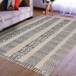 Black Cotton Floral Hand Block Print Rug
