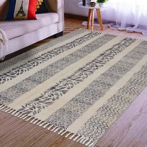 Black Cotton Floral Hand Block Print Rug