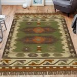 Hand Woven Green Brown Wool Jute Rug