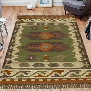 Hand Woven Green Brown Wool Jute Rug
