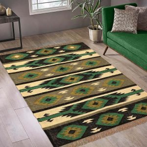 Hand Woven Green Geometric Wool Jute Rug