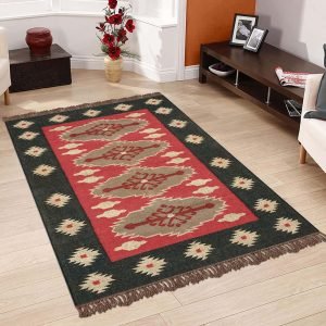 Red Black Hand Woven Geometric Wool Jute Rug