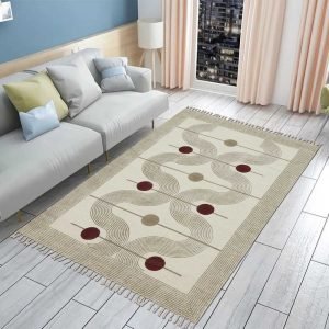 Cotton Beige White Hand Block Printed Rug
