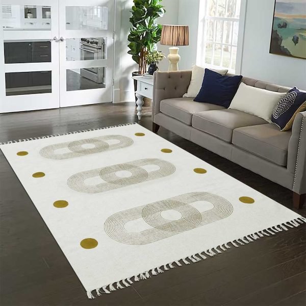 Beige Brown Hand Block Printed Cotton Rug - Image 2