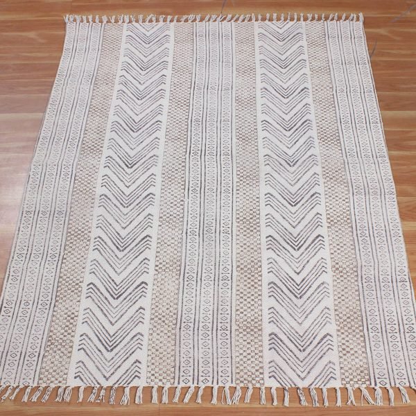 Cotton Brown Beige Hand Block Printed Rug - Image 3