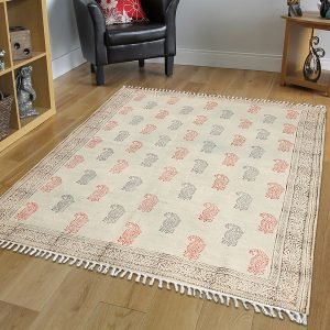 Hand Printed Bordered Multicolor Cotton Rug