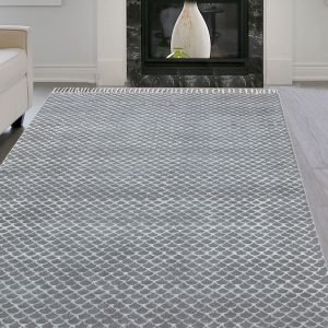 Black Grey Cotton Hand Printed Geometric Rug