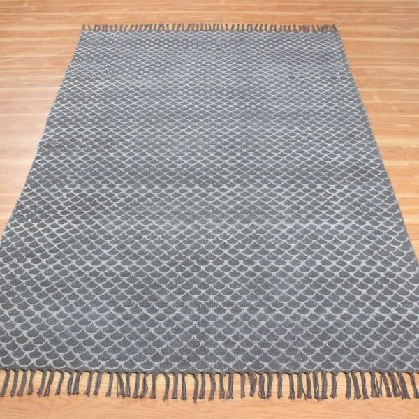Black Grey Cotton Hand Printed Geometric Rug - Image 3