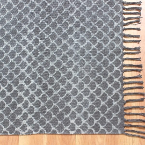 Black Grey Cotton Hand Printed Geometric Rug - Image 4