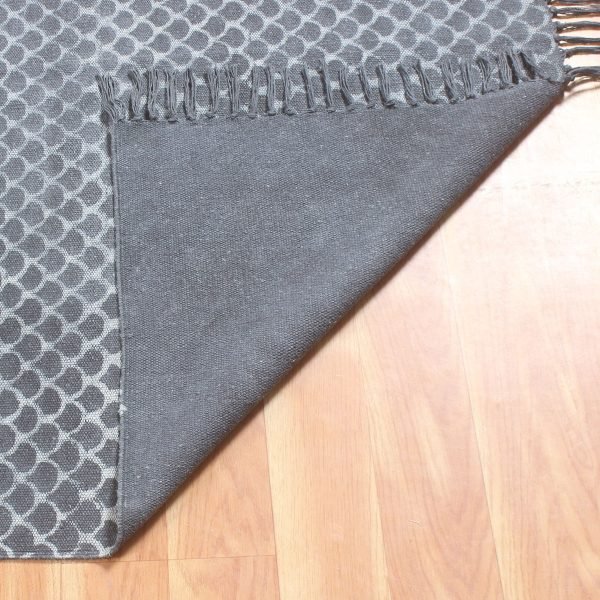 Black Grey Cotton Hand Printed Geometric Rug - Image 5