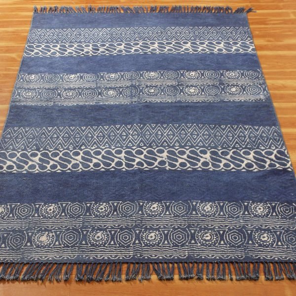 Hand Block Blue Geometric Printed Dhurrie - Image 3