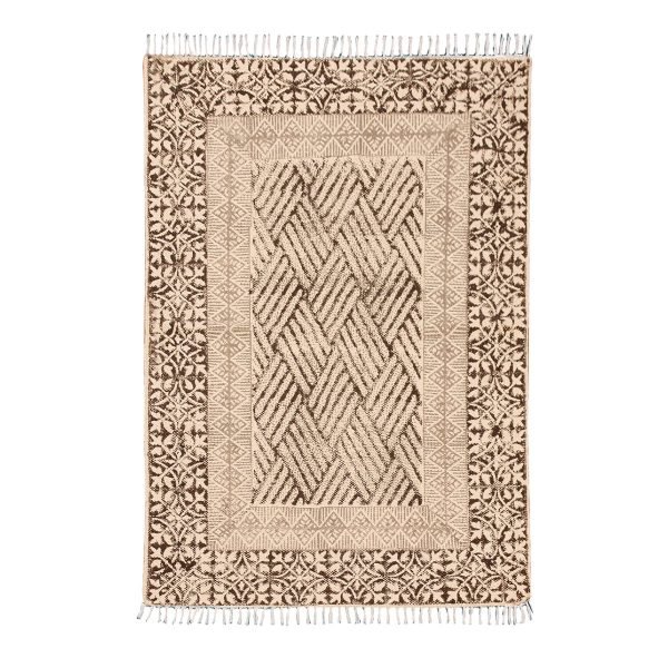 Oriental Beige Cotton Hand Block Print Rug
