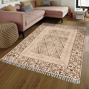 Oriental Beige Cotton Hand Block Print Rug