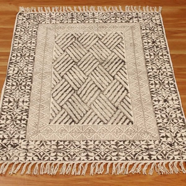 Oriental Beige Cotton Hand Block Print Rug - Image 3