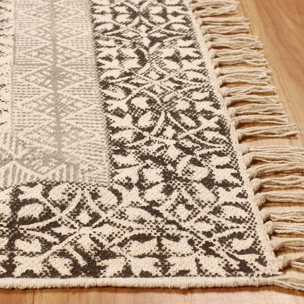 Oriental Beige Cotton Hand Block Print Rug - Image 4