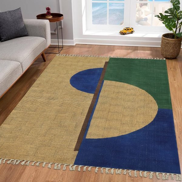 Green Beige Hand Block Printed Area Cotton Rug - Image 2