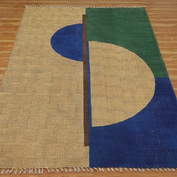 Green Beige Hand Block Printed Area Cotton Rug - Image 3