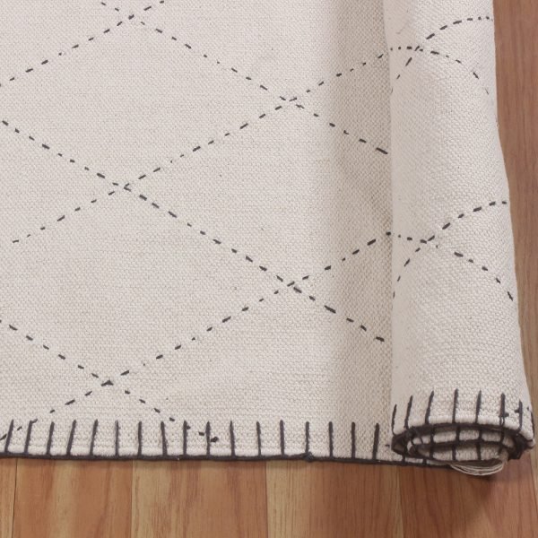 Kantha Work Beige Black Checked Cotton Rug - Image 3