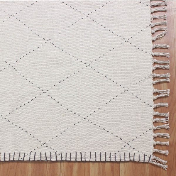 Kantha Work Beige Black Checked Cotton Rug - Image 5