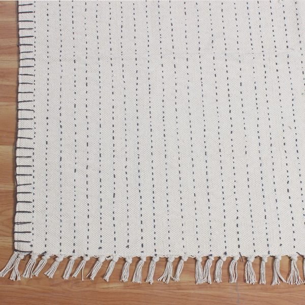 Geometric Cotton Beige Kantha Worked Rug - Image 4