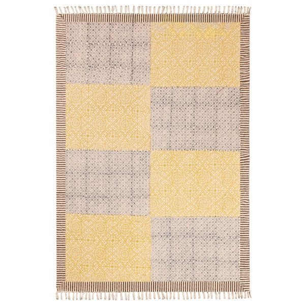 Yellow Hand Block Printed Cotton Area Rug