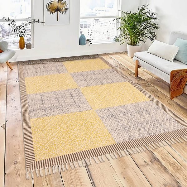 Yellow Hand Block Printed Cotton Area Rug - Image 2