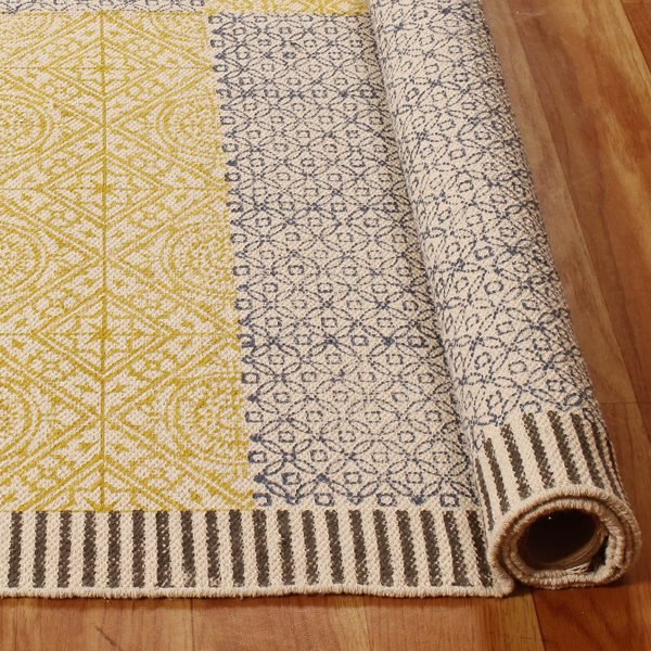 Yellow Hand Block Printed Cotton Area Rug - Image 4