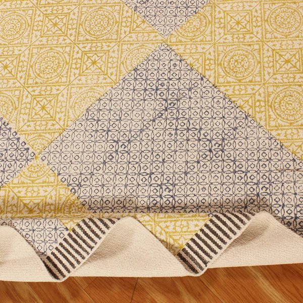 Yellow Hand Block Printed Cotton Area Rug - Image 6