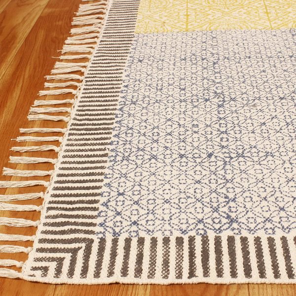 Yellow Hand Block Printed Cotton Area Rug - Image 7