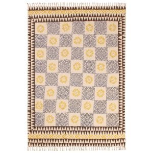 Yellow Checked Cotton Hand Block Printed Rug