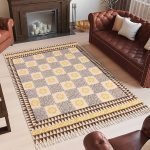 Yellow Checked Cotton Hand Block Printed Rug
