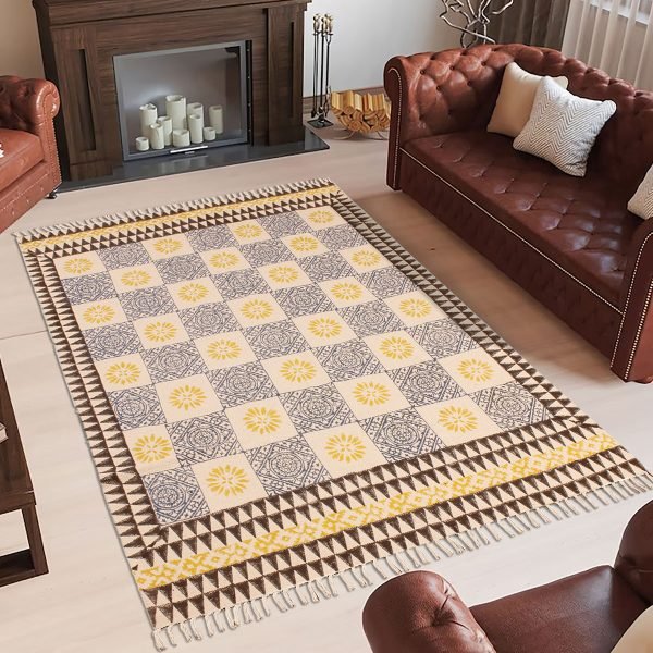 Yellow Checked Cotton Hand Block Printed Rug - Image 2