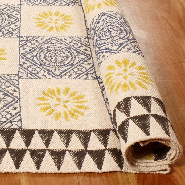 Yellow Checked Cotton Hand Block Printed Rug - Image 4