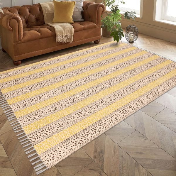 Floral Black Hand Block Printed Cotton Rug - Image 2